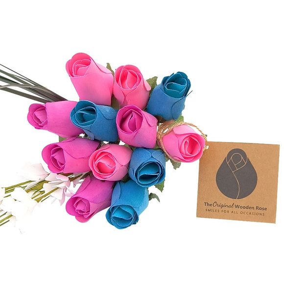 3 Color Spring Wooden Rose Flower Bouquet 1 Dozen - Picture 1 of 6